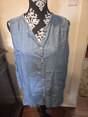 LOFT Light Blue Sleeveless Chambray Button-Up Top